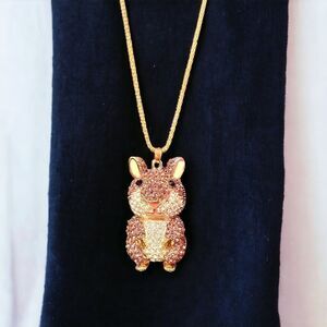 Vintage Betsey Johnson Big Rhinestone Bunny Rose Gold Tone Necklace